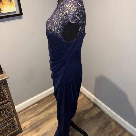 Alex Evenings Navy Metallic Cutout Lace Maxi Gown/Dress Side Ruched Skirt‎ SZ6 - Picture 3 of 11